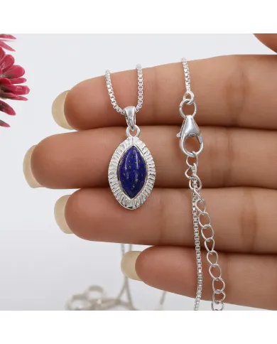 Lapis Lazuli Marquise Pendant - 925 Sterling Silver Handmade Jewelry