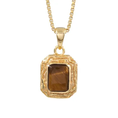 Natural Tiger Eye Pendant 18K Gold Plated Handmade Jewelry for Women