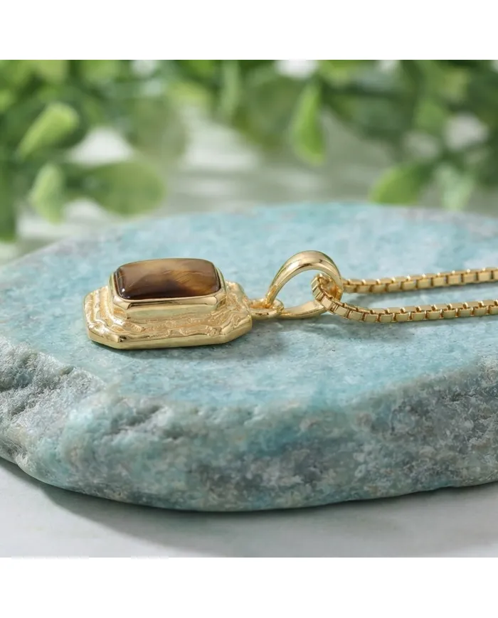 Natural Tiger Eye Pendant 18K Gold Plated Handmade Jewelry for Women