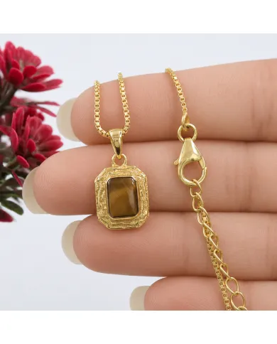 Natural Tiger Eye Pendant 18K Gold Plated Handmade Jewelry for Women