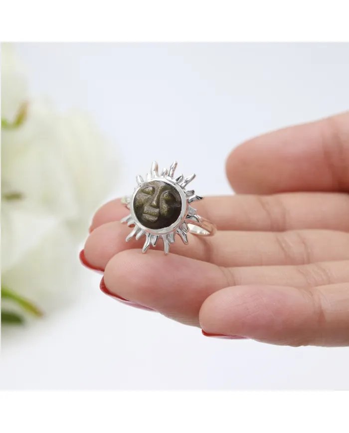 Obsidian Ring - 925 Sterling Silver Handmade Face Carving Jewelry