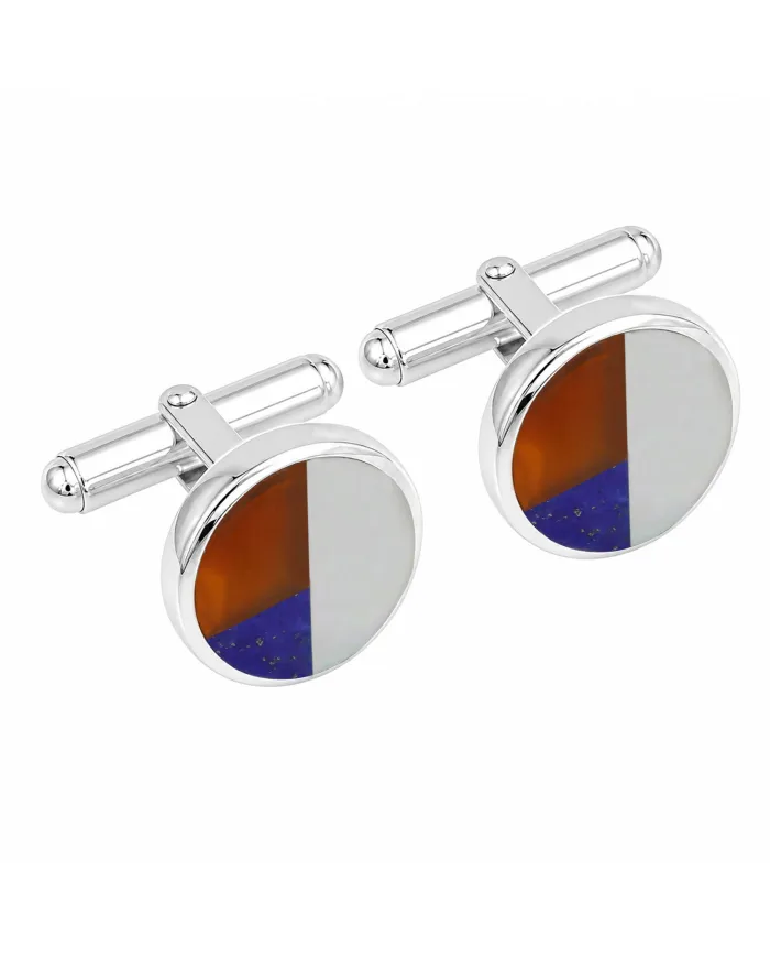 925 Sterling Silver Carnelian, Lapis Lazuli & Pearl Cufflinks for Men