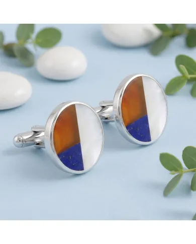 925 Sterling Silver Carnelian, Lapis Lazuli & Pearl Cufflinks for Men