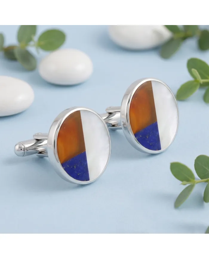 925 Sterling Silver Carnelian, Lapis Lazuli & Pearl Cufflinks for Men