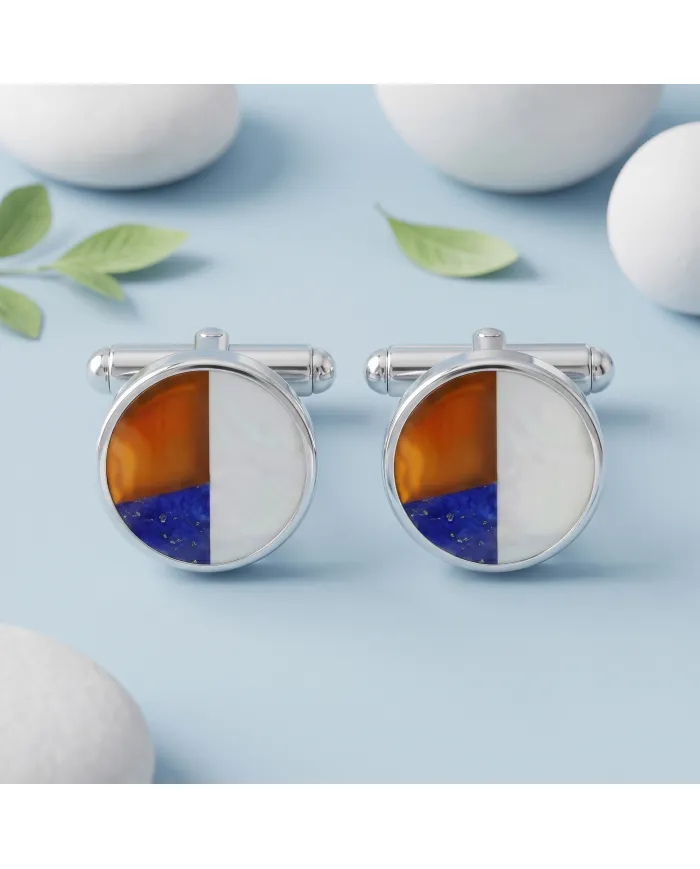 925 Sterling Silver Carnelian, Lapis Lazuli & Pearl Cufflinks for Men