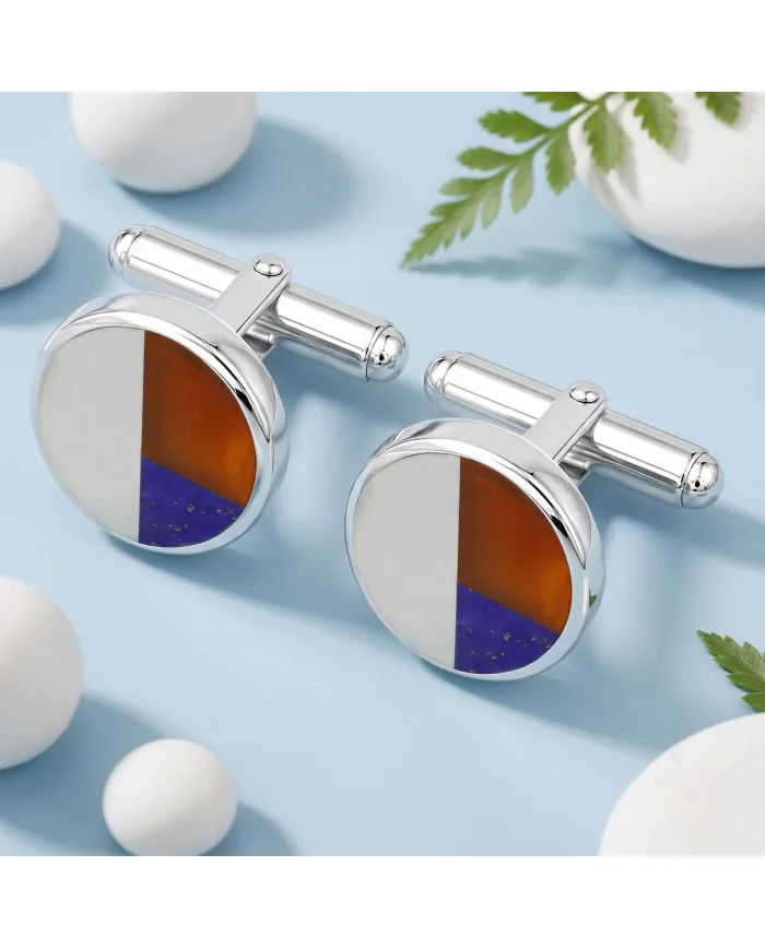 925 Sterling Silver Carnelian, Lapis Lazuli & Pearl Cufflinks for Men