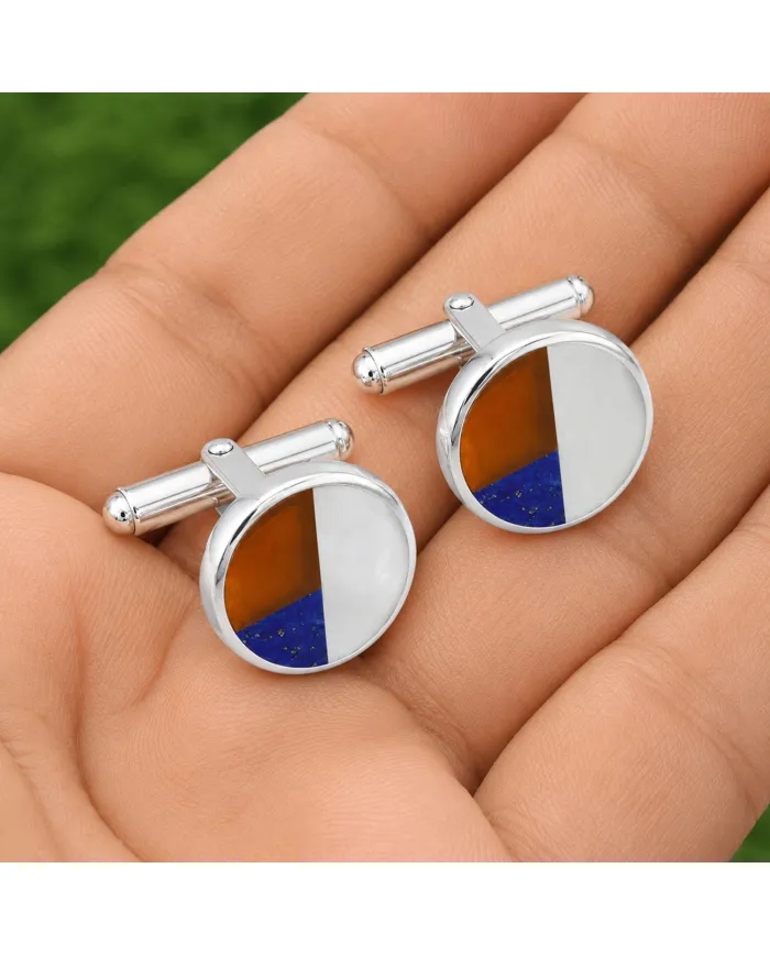 925 Sterling Silver Carnelian, Lapis Lazuli & Pearl Cufflinks for Men