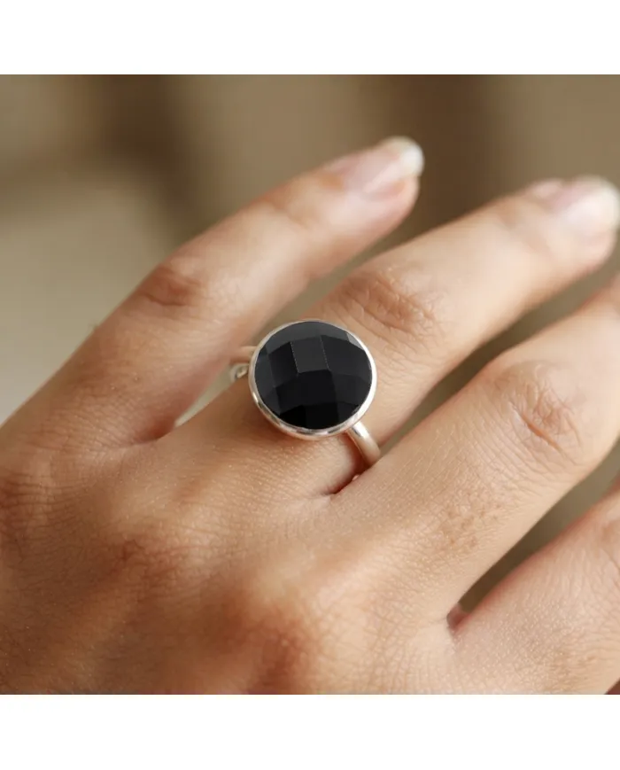 Black Onyx Solitaire Ring - 925 Sterling Silver Handmade Jewelry