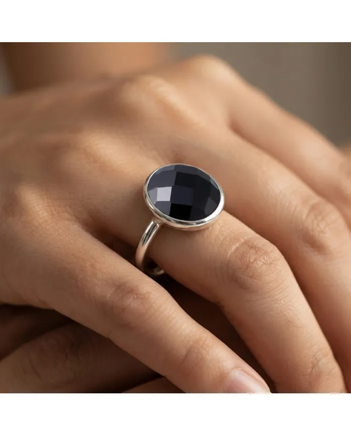 Black Onyx Solitaire Ring - 925 Sterling Silver Handmade Jewelry
