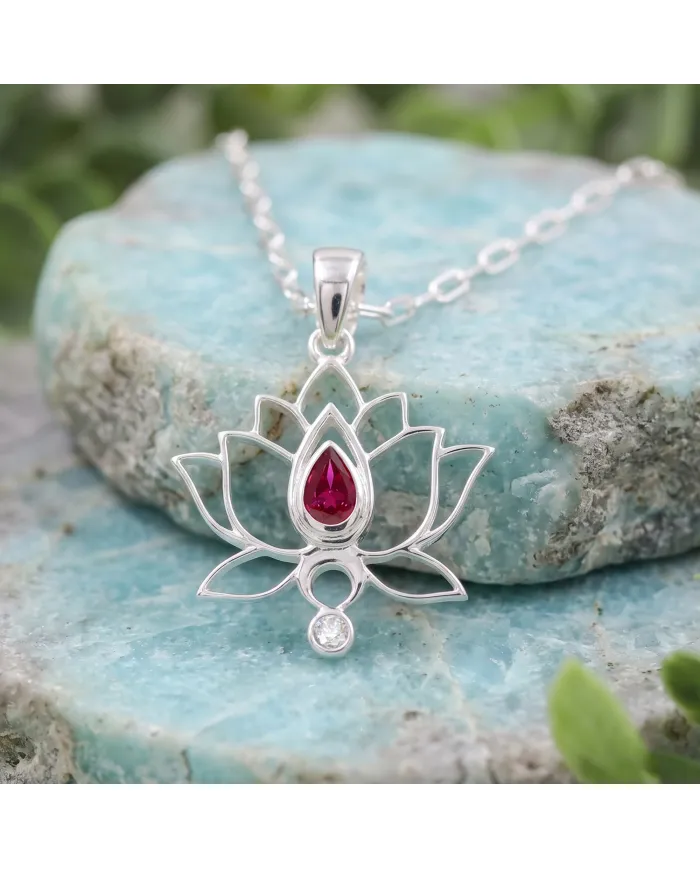 925 Sterling Silver Ruby and Swarovski Crystal Lotus Pendant