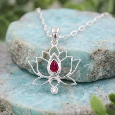 925 Sterling Silver Ruby and Swarovski Crystal Lotus Pendant