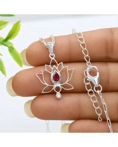 925 Sterling Silver Ruby and Swarovski Crystal Lotus Pendant