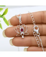 925 Sterling Silver Ruby and Swarovski Crystal Lotus Pendant