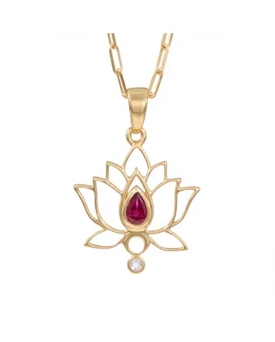 18k Gold Plated Lotus Pendant with Ruby & Swarovski Crystal