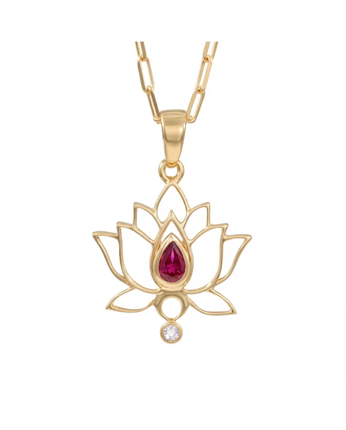 18k Gold Plated Lotus Pendant with Ruby & Swarovski Crystal