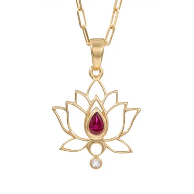 18k Gold Plated Lotus Pendant with Ruby & Swarovski Crystal