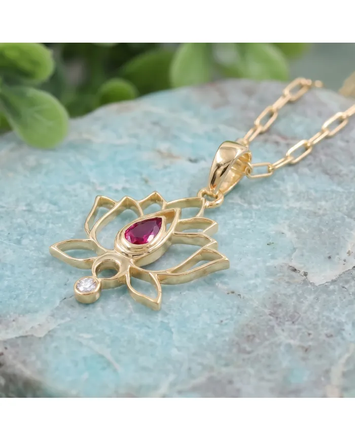 18k Gold Plated Lotus Pendant with Ruby & Swarovski Crystal