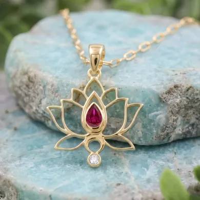 18k Gold Plated Lotus Pendant with Ruby & Swarovski Crystal