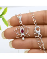 18k Gold Plated Lotus Pendant with Ruby & Swarovski Crystal