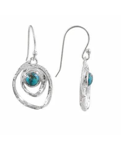 Blue Copper Turquoise Hammered Dangle Earrings - 925 Sterling Silver