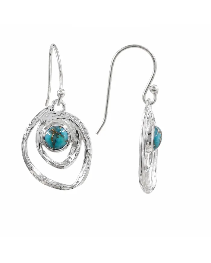 Blue Copper Turquoise Hammered Dangle Earrings - 925 Sterling Silver