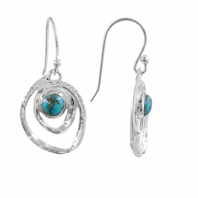 Blue Copper Turquoise Hammered Dangle Earrings - 925 Sterling Silver