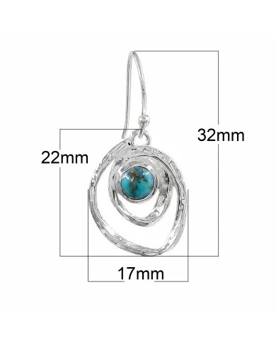 Blue Copper Turquoise Hammered Dangle Earrings - 925 Sterling Silver