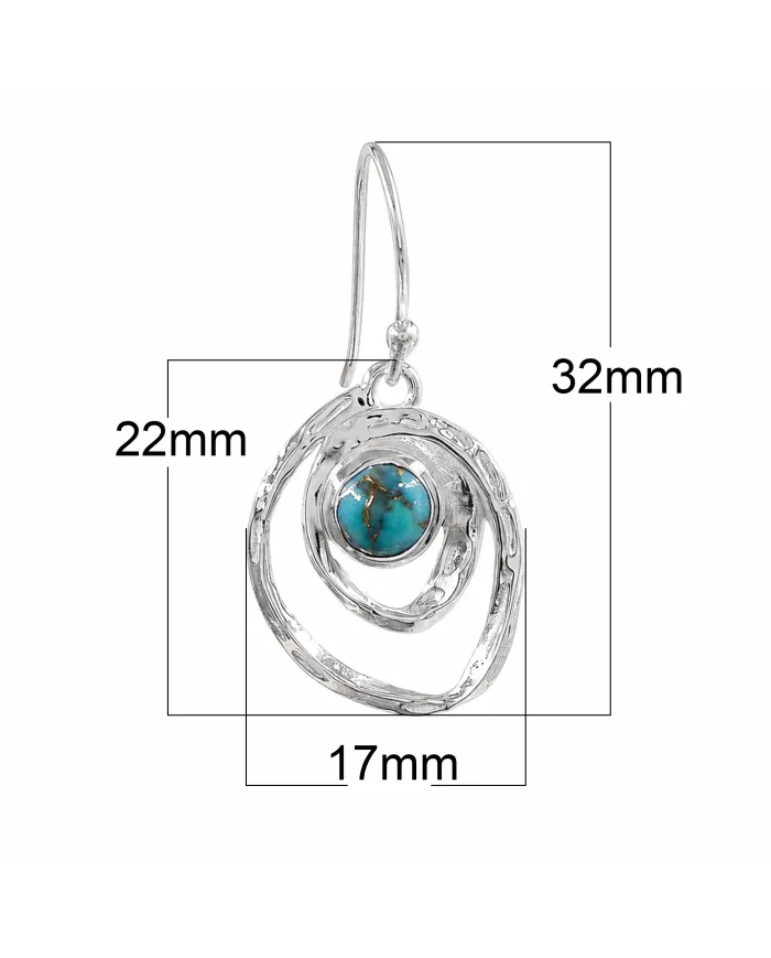 Blue Copper Turquoise Hammered Dangle Earrings - 925 Sterling Silver