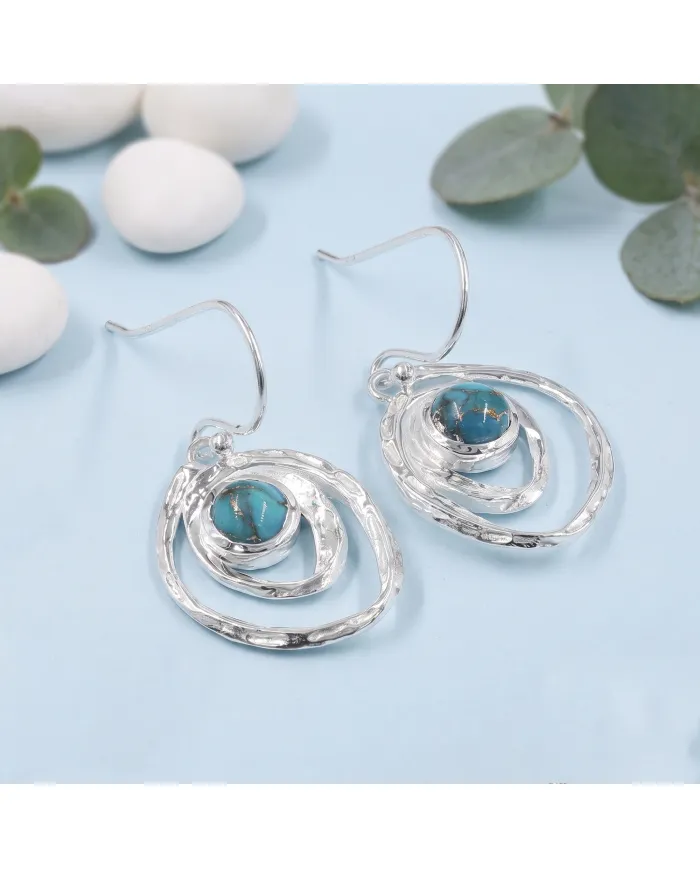 Blue Copper Turquoise Hammered Dangle Earrings - 925 Sterling Silver