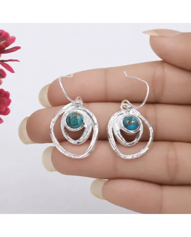 Blue Copper Turquoise Hammered Dangle Earrings - 925 Sterling Silver
