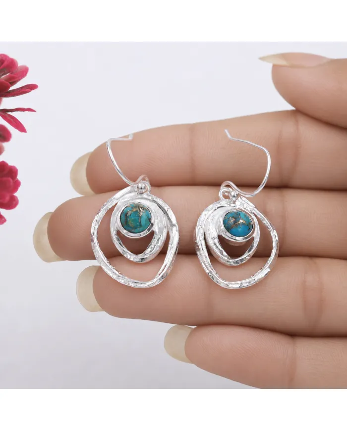 Blue Copper Turquoise Hammered Dangle Earrings - 925 Sterling Silver