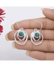 Blue Copper Turquoise Hammered Dangle Earrings - 925 Sterling Silver
