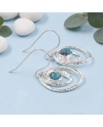 Blue Copper Turquoise Hammered Dangle Earrings - 925 Sterling Silver