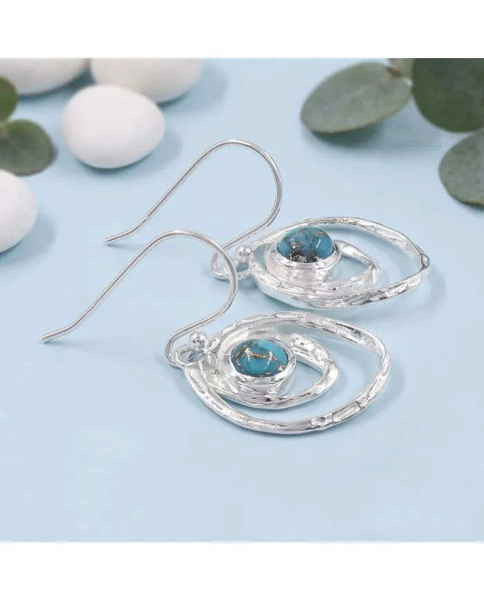 Blue Copper Turquoise Hammered Dangle Earrings - 925 Sterling Silver