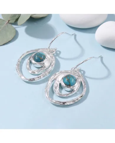 Blue Copper Turquoise Hammered Dangle Earrings - 925 Sterling Silver