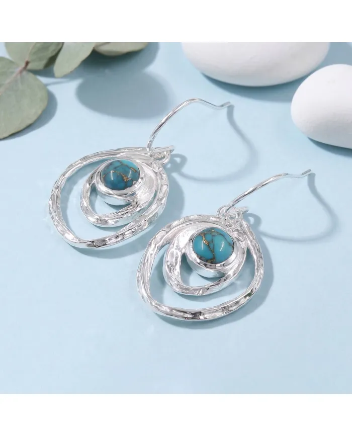 Blue Copper Turquoise Hammered Dangle Earrings - 925 Sterling Silver