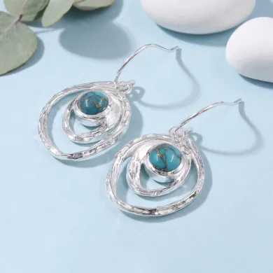 Blue Copper Turquoise Hammered Dangle Earrings - 925 Sterling Silver