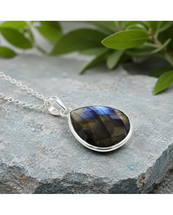 Labradorite Solitaire Pendant - 925 Sterling Silver Gemstone Jewelry