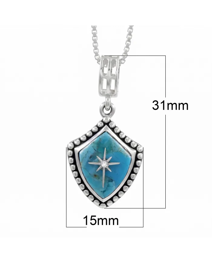Blue Copper Turquoise Shield Pendant with Moissanite Compass Star | Sterling Silver