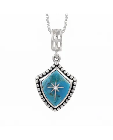 Blue Copper Turquoise Shield Pendant with Moissanite Compass Star | Sterling Silver