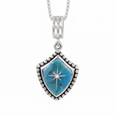 Blue Copper Turquoise Shield Pendant with Moissanite Compass Star | Sterling Silver