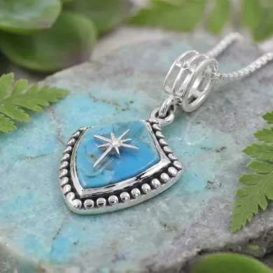 Blue Copper Turquoise Shield Pendant with Moissanite Compass Star | Sterling Silver