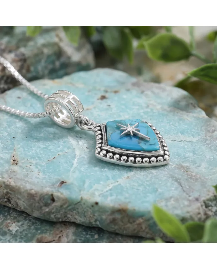Blue Copper Turquoise Shield Pendant with Moissanite Compass Star | Sterling Silver