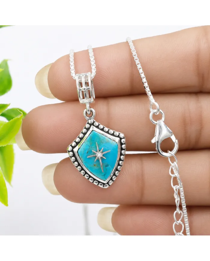 Blue Copper Turquoise Shield Pendant with Moissanite Compass Star | Sterling Silver