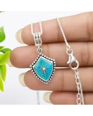 Blue Copper Turquoise Shield Pendant with Moissanite Compass Star | Sterling Silver