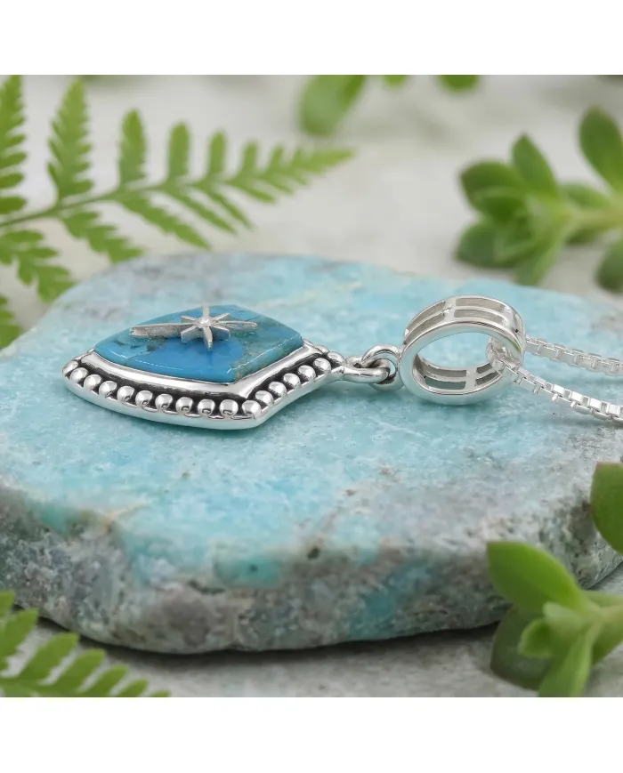 Blue Copper Turquoise Shield Pendant with Moissanite Compass Star | Sterling Silver