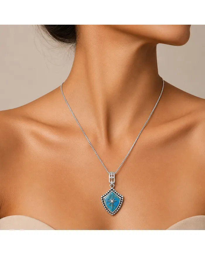 Blue Copper Turquoise Shield Pendant with Moissanite Compass Star | Sterling Silver