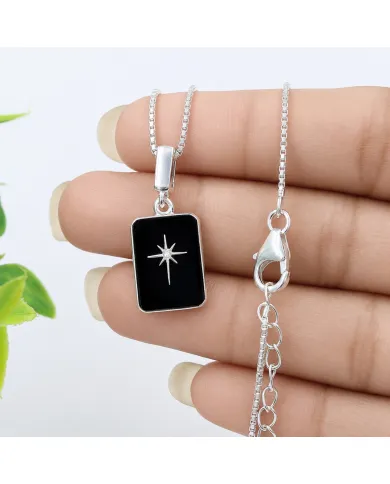 Black Onyx Moissanite Compass Star Pendant | 925 Sterling Silver