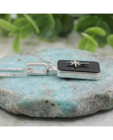 Black Onyx Moissanite Compass Star Pendant | 925 Sterling Silver