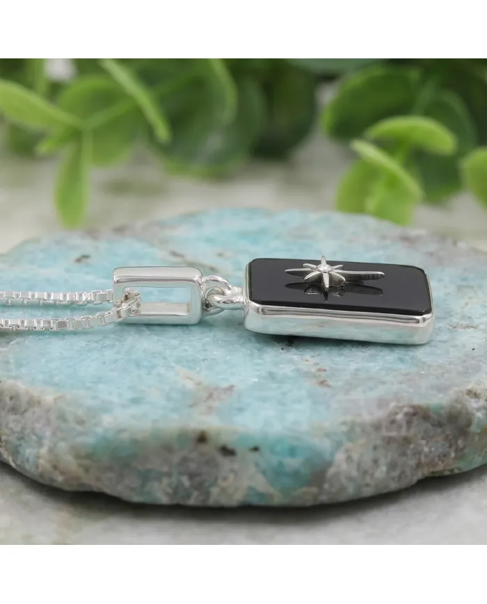 Black Onyx Moissanite Compass Star Pendant | 925 Sterling Silver